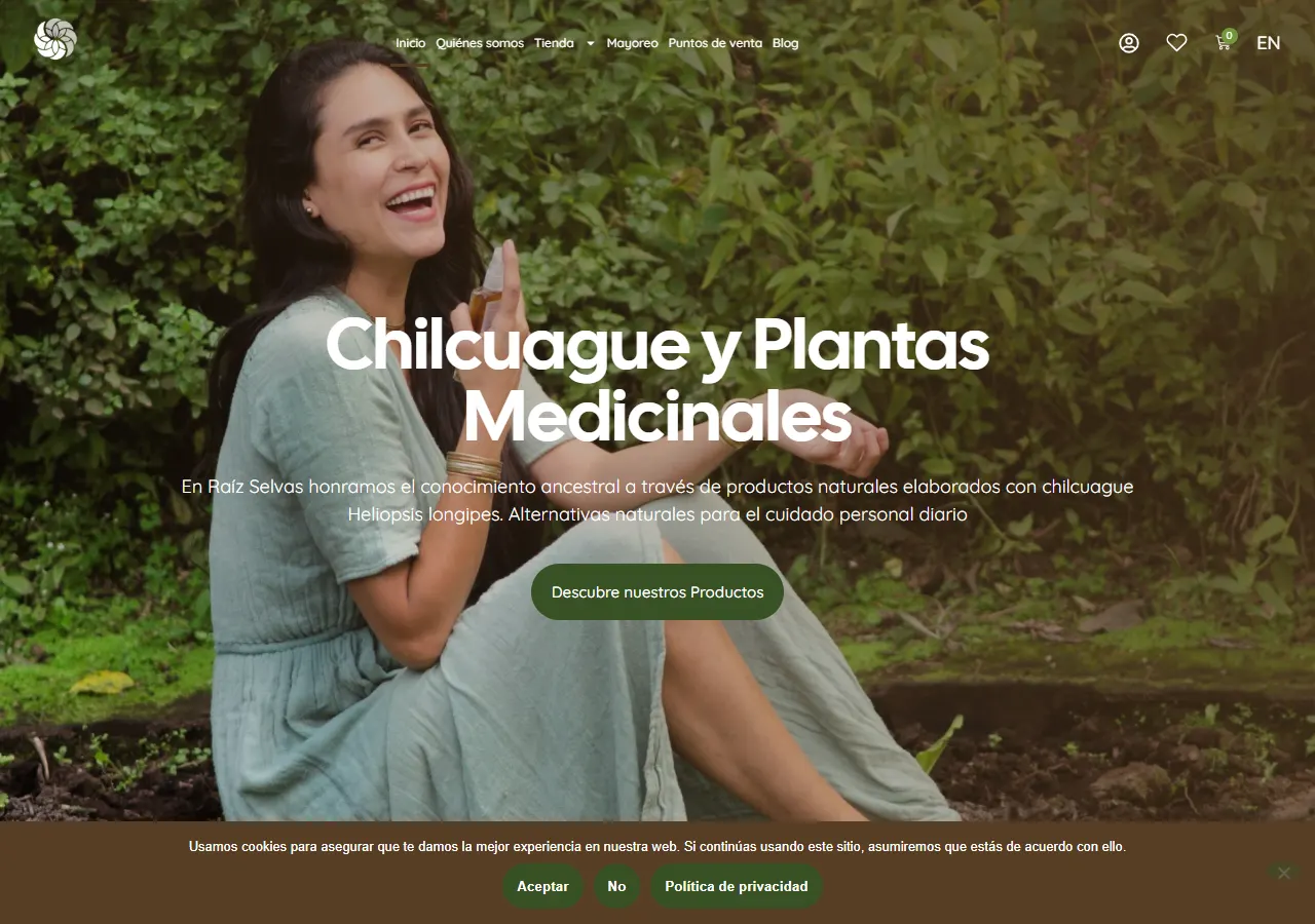 Página de inicio de Raíz Selvas con fotografía de producto botánico
